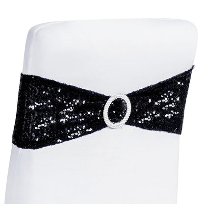 Poise3EHome Pack of 10 Black Sequin Chair Sashes, Double Sided Glitter Stretchy Chair Bands with Buckle for Home Party Bridal Shower Wedding Banquet Reception Decorations