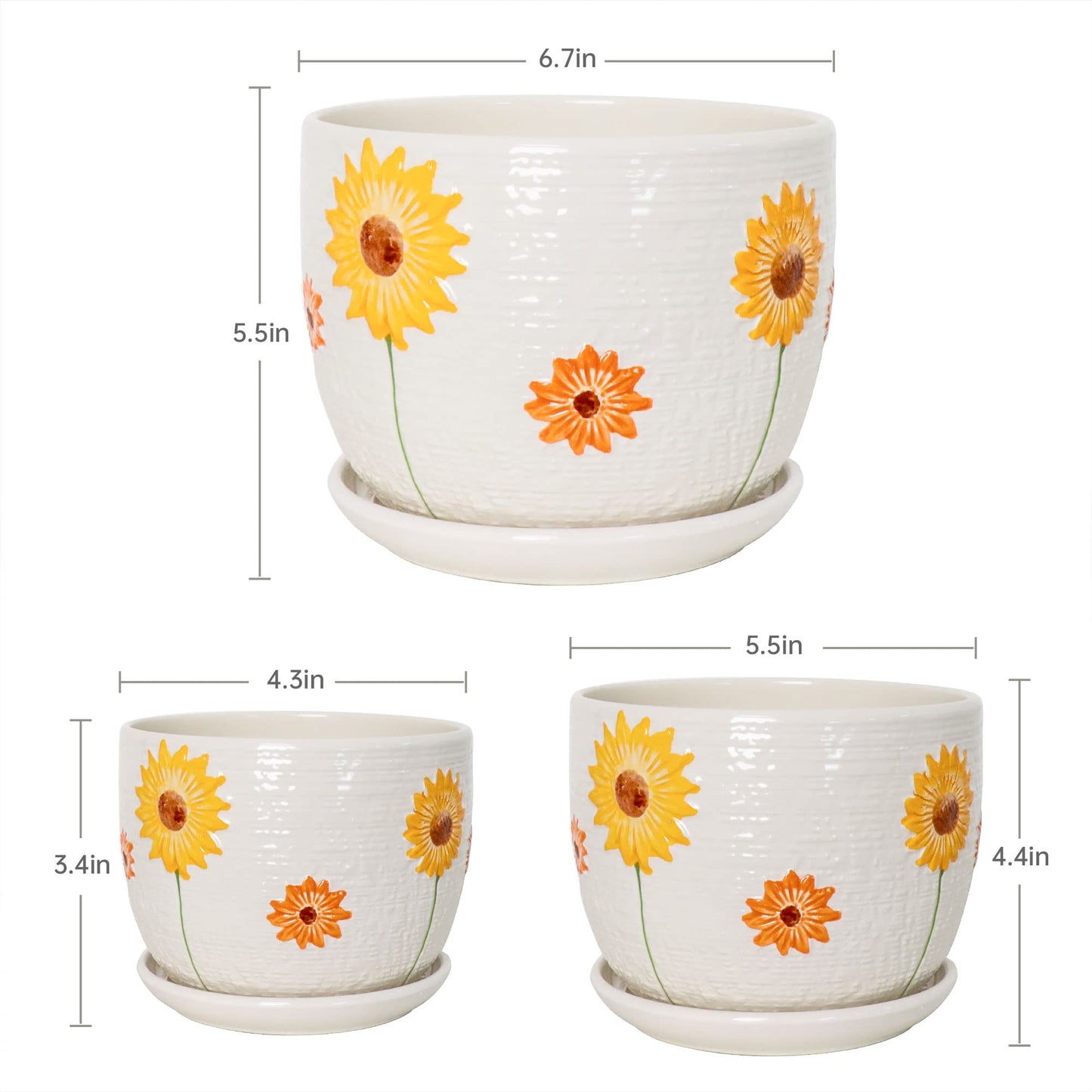 Ton Sin Plant Pots,Set of 3 Ceramic Sunflower Flower Pots for Indoor Plants,4+5+6 inch Pots with Drainage Hole Saucer,Garden Pots Catus Planters