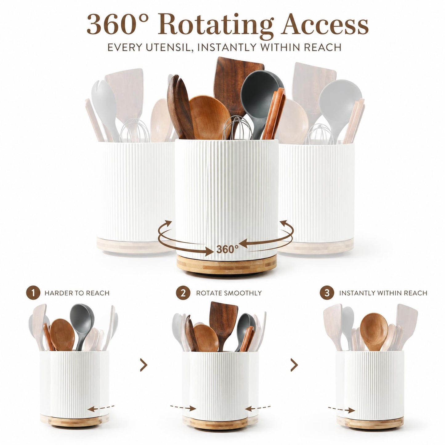 KSENDALO Large 360° Rotating Utensil Holder, Cream Milk White 7.76" Kitchen Crock for Cooking Utensils, Durable Countertop Storage for Home Kitchen