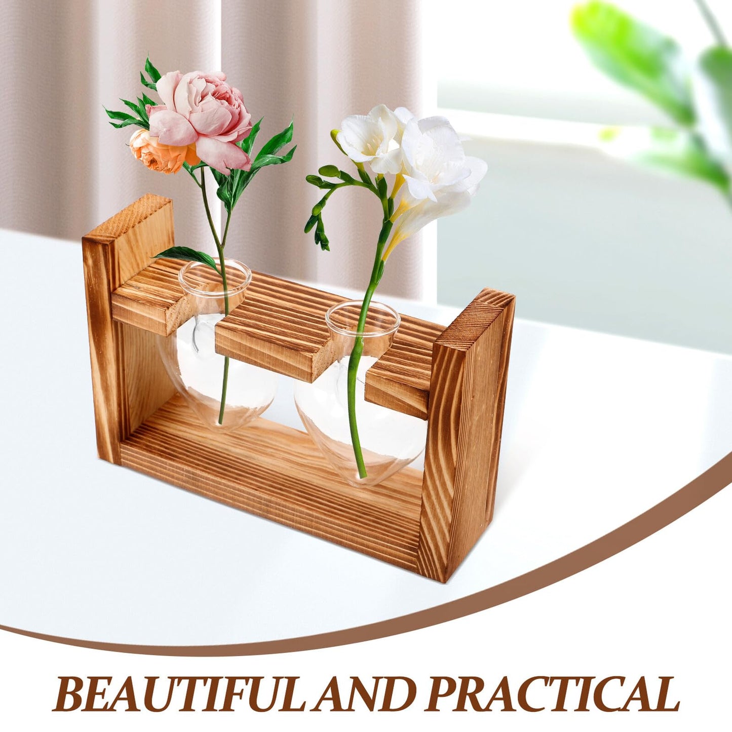 GLSTOY Glass Hydroponic Planter Vase with Wooden Stand, Heart-Shaped Glass Terrarium for Indoor Plants, Desktop Flower Pot for Home and Office Décor