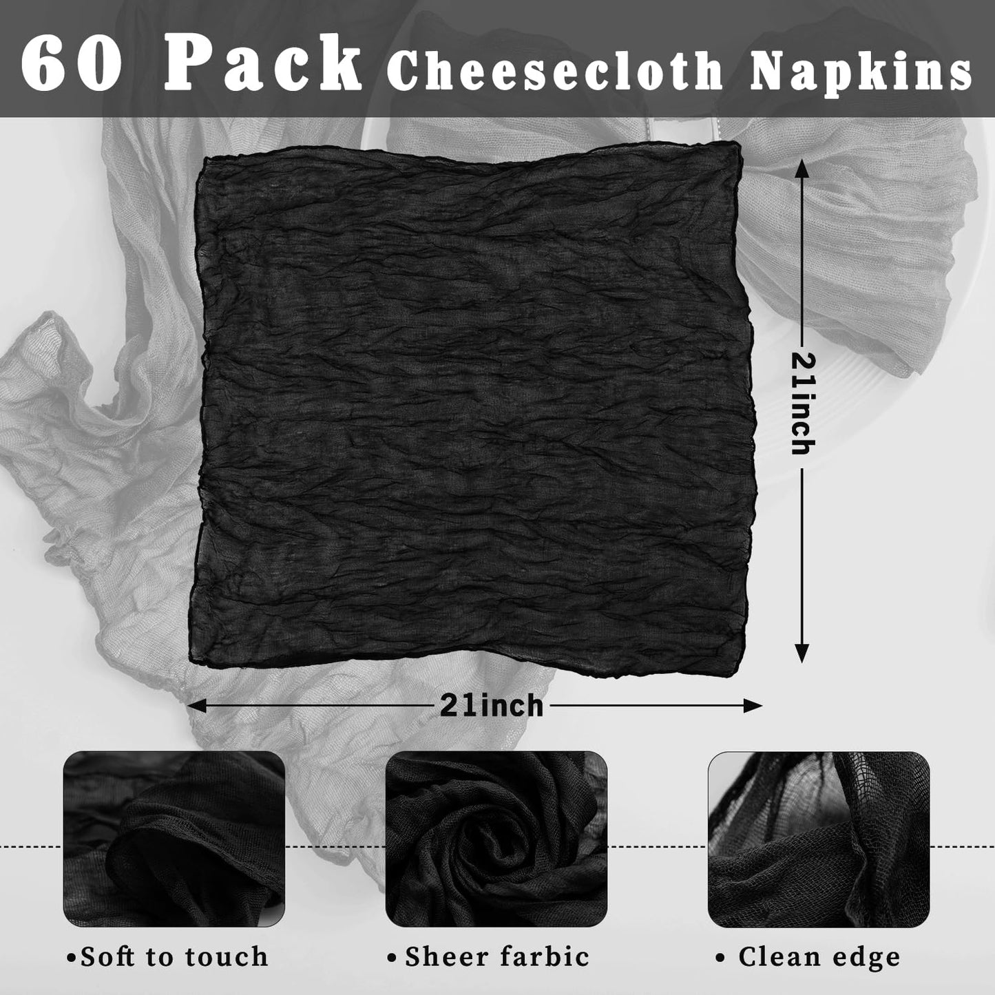 60 Pack Black Cheesecloth Napkins Washable 21x21 Inches Black Cloth Napkins Set of 60 Dinner Table Napkins for Wedding Rustic Boho Cotton Gauze Summer Bridal Baby Shower Party Table Decor