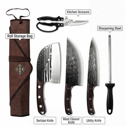KOFERY Hand Forged Butcher Knife Set with Full Tang Damascus Steel for Pit Master BBQ, Smoking Meat and Meat Carving, Including Roll Bag, Shears and Sharpener for Outdoor Camping Gifts for Men