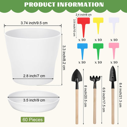 Hahood 60 Pieces White Plastic Planters 4 Inch Flower Pot with Trays Labels Plant Pots Plants Nursery Pot Flower Seedling Nursery Pots for Indoor Outdoor Plant, Herb, Succulent