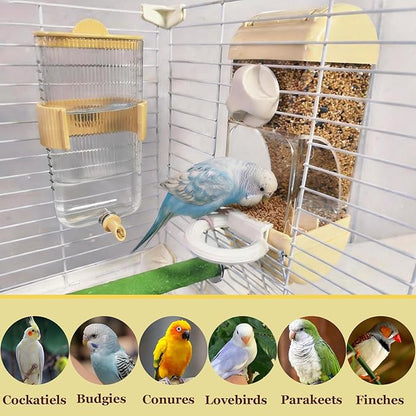 Automatic Bird Feeder Waterer Kit Bird Cage Hanging Waterer Parakeet Leak-Proof Feeder Parrot Vegetable Clips Cage Accessories for Budgies Lovebirds Finches Canaries Parrotlets Conures (Yellow)