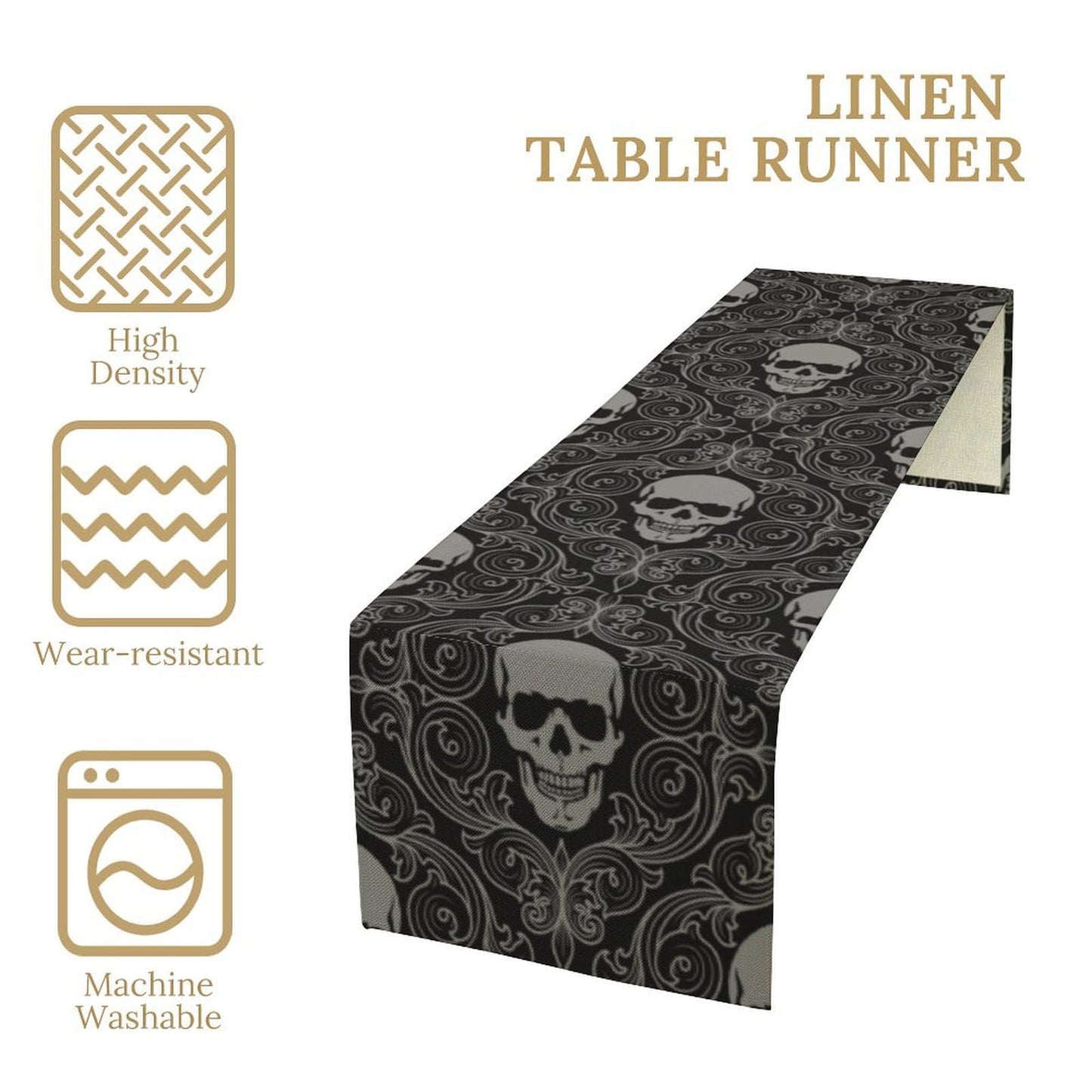 Gothic Skull Table Runner Black Abstract Halloween Damask Geometric Striped Skeleton Table Decor Table Top Kitchen Dining Wedding Party 13x60 in
