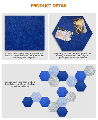 Hexagon Felt Bulletin Board Tiles, 8 Pcs, 8.7 x 7.5 inches, with 20 Pushpins, for Easy Display of Photos Pictures Memos Notices, Felt Wall Tiles for Office Home Classroom (Blue)