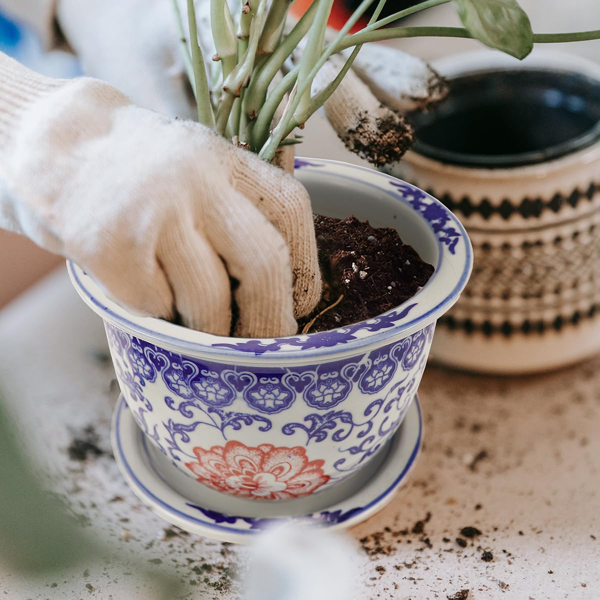YOLUFER Ceramic Flower Pots with Drainage Holes and Drainage Tray Ceramic Planter for Indoor and Outdoor Plants