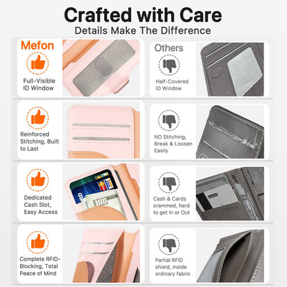 MEFON for MagSafe Wallet, Magnetic Phone Wallet RFID Blocking, Slim 5-8 Card Holder with Cash Slot & Clear ID Window, Minimalist Mag Safe Wallets for iPhone 17/16/15/14/13/12 Series, Blush Pink