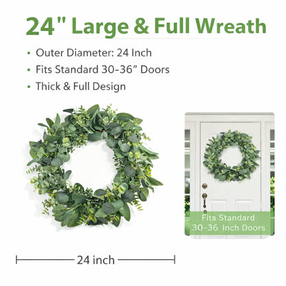 GOVIRAYE 24” Artificial Eucalyptus Wreath, Full & Lifelike Greenery Wreath with Frosted Tips, Door Decoration, All-Season Farmhouse Wedding Wall & Outdoor Decor