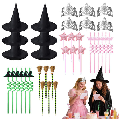 36PCS Witch Party Decorations Pink and Green Party Decorations Princess and Witch Party Favors Include Witch Hats Crowns Star Pens Broom Pencils Drinking Straws Wizard Hats for Witch Birthday Decor