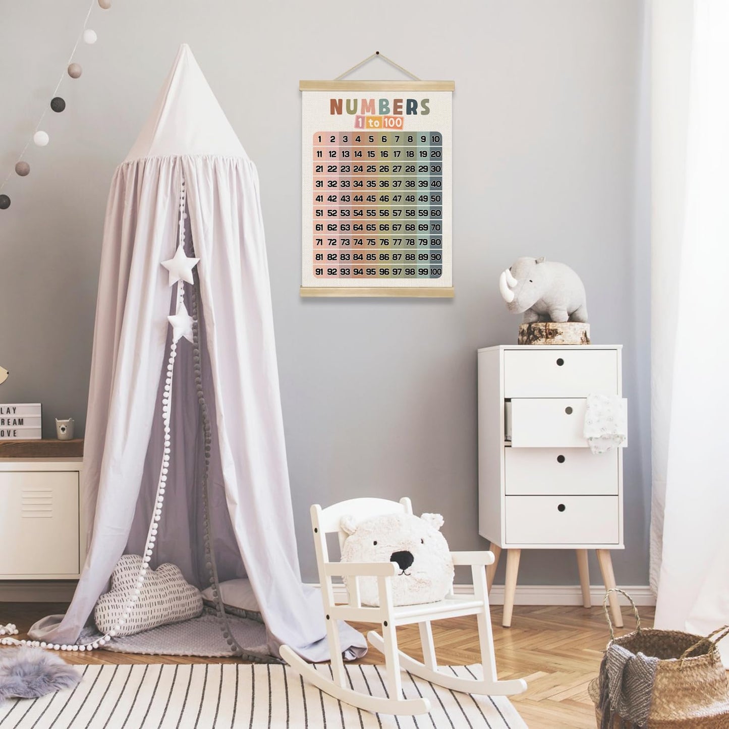 Numbers 1-100 Educational Wall Art Poster,18.5x14In Number Chart Wall Art Decor for 1-6 Toddlers,Boho Count to 100 Learning Posters for Nursery Playroom Preschool,Kids Room Decor,Classroom Must Haves