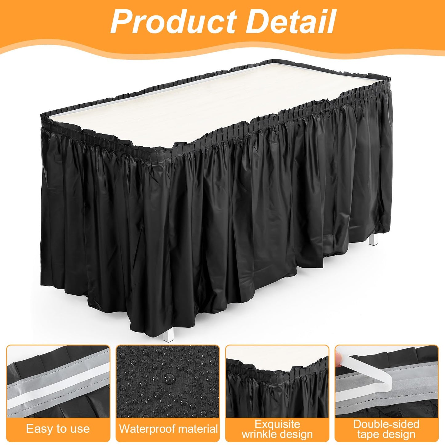 6 Pcs Plastic Table Skirt 28 Inches x 14.7 ft Disposable Table Skirt for Rectangle Tablecloth Wedding Shower Birthday Party Banquet(Black)