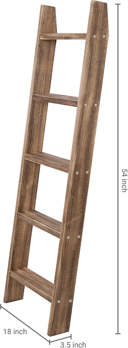 MyGift 4ft Tall Rustic Burnt Natural Wood Wall Leaning Blanket Ladder Shelf with 5 Rungs, Decorative Living Room Throw and Quilt Holder, Farmhouse Bedroom Decor