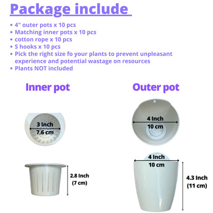 ShopLaLa Bundle - 4" White Self Watering Plastic Pots x 10 Pack + White Wooden Hanging Planter, Rustic Vertical Herb Garden Plant Holder Wall Mounted Modern Hydroponic Herb Pot LaLaGreen