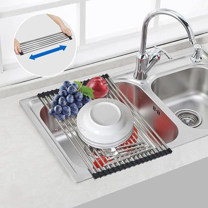 Expandable Roll Up Dish Drying Rack Over The Sink Rack, Foldable Dish Drainer Rack Stainless Steel for Large Sink, Silicone Rollable Collapsible Rack 18 Tube for Kitchen(Sliver,12.8'' to 21.25”)