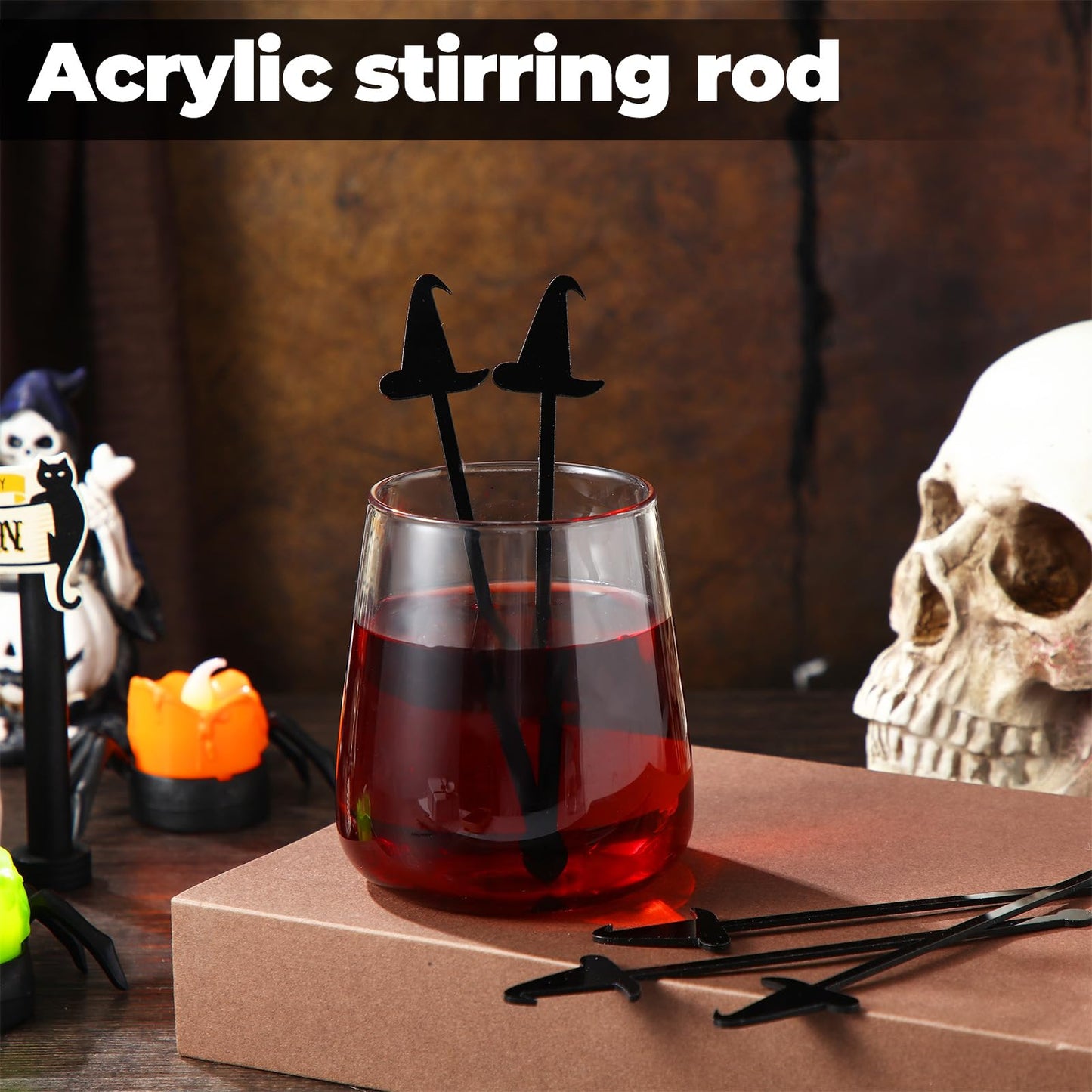 LemonRoad 48 Pcs Witch Party Supplies Swizzle Sticks Black Plastic Coffee and Cocktail Stirrers 5.9 Inch Reusable Black Witch Hat Cocktail Mixers Bulk for Bar Weddings Events Halloween (Classic)