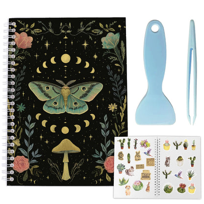 CRASPIRE 40 Sheets Reusable Sticker Storage Book Album A5 Size Blank Sticker Album Organizer Moth Insects Cover Waterproof Release Paper with Scraper Tweezer for Label