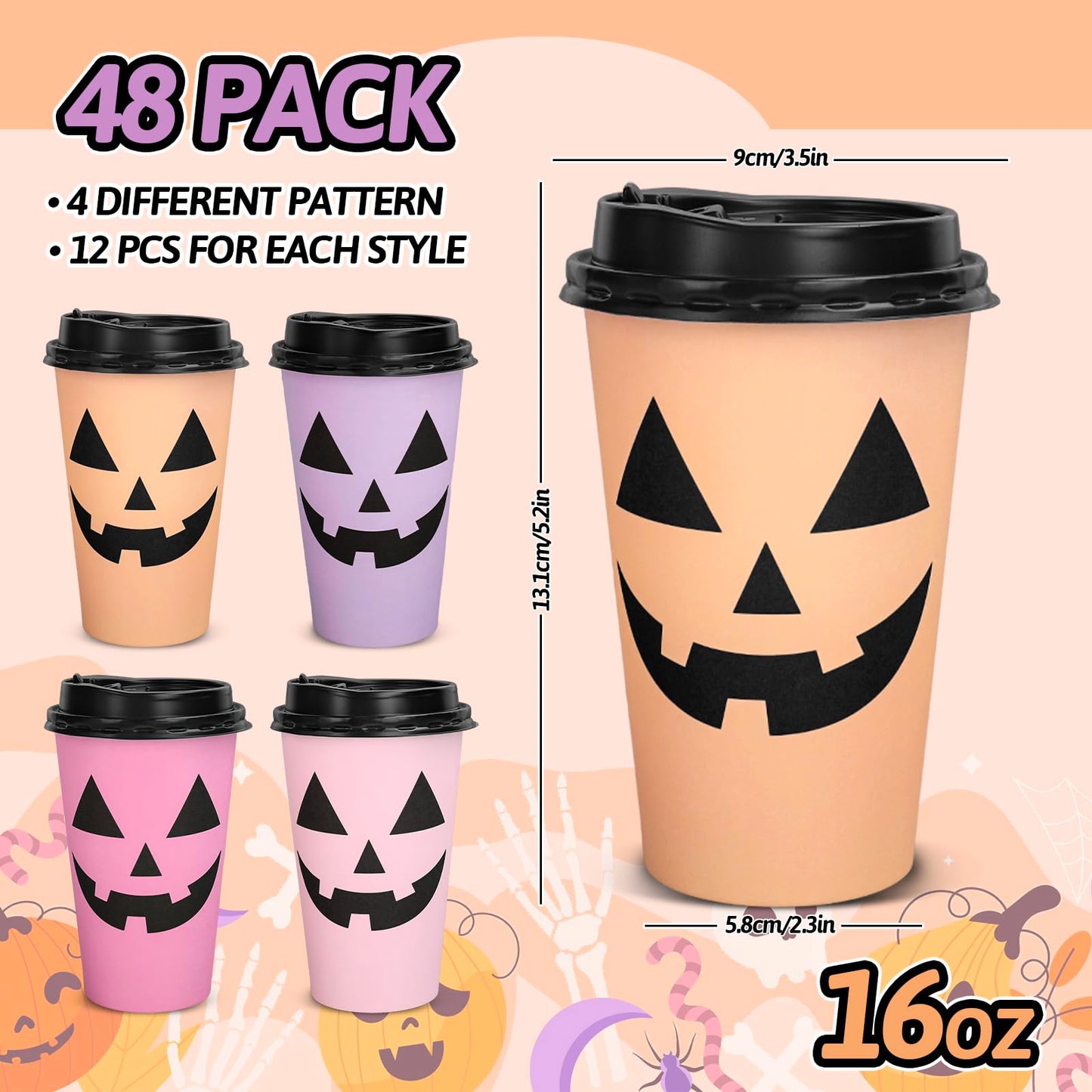 Whaline Halloween Disposable Coffee Cups Ghost Pumpkin Paper Cups with Lids 16 Oz for Holiday Birthday Party Home Office Travel Supplies Hot Cold Drinks, 48 Pcs