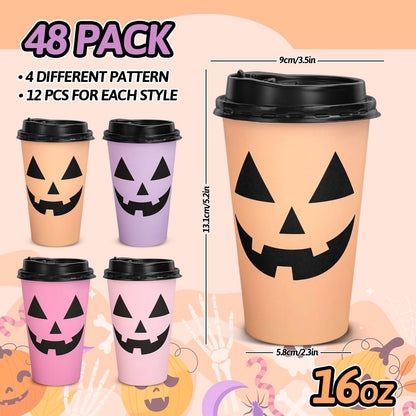 Whaline Halloween Disposable Coffee Cups Ghost Pumpkin Paper Cups with Lids 16 Oz for Holiday Birthday Party Home Office Travel Supplies Hot Cold Drinks, 48 Pcs