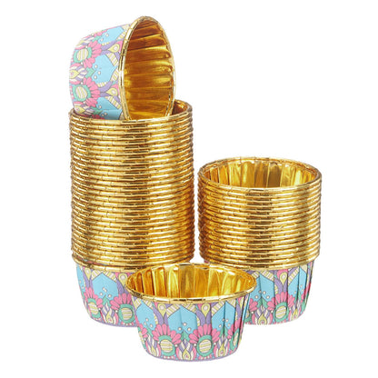 HARFINGTON 50 Pcs Cupcake Baking Liners 3.5 oz Foil Cupcake Liners Gold Little Baking Cups Bohemian Style for Birthday Party Wedding Festival, Blue/Pink