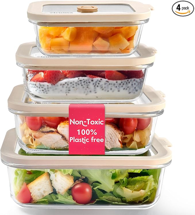 Ziruma Non-Toxic Glass Food Containers with Lids, 4-Pack, Multi-Size, Beige | Plastic & BPA free. Glass body, glass lid & platinum silicone seal. Airtight & leakproof. Freezer & microwave safe.