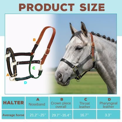 Yeyeplum Leather Halter for Horses, Equine Breakaway Nylon Rope Horse Halter with Snap & Adjustable Chin and Throat Snap Hook Halters for Training, Show and Daily Use, Average Size(Black Brown)
