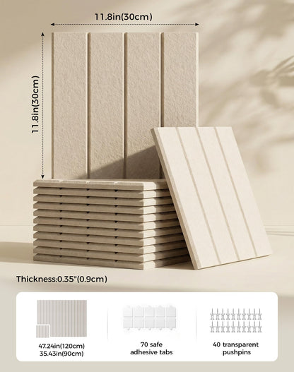 Aothia Felt Bulletin Board Tiles Large 48" x 36" Cork Board Alternative - 12-Pack with 70 Adhesive Tabs, Thick Slat Wall Panels for Office Decor, Push Pin Board Wall Organizer Alternative - Oatmeal