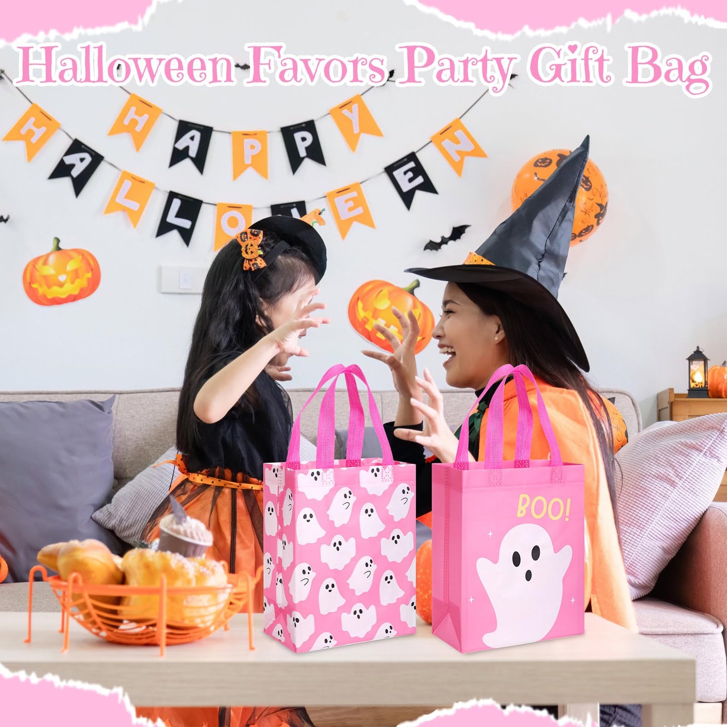 Wovnet 30 Pcs Halloween Party Favor Gift Bags Ghost Boo Pink Reusable Non Woven Goodie Treat Bags with Handle Horror Theme for Halloween Party Supplies 10 x 8 x 4in
