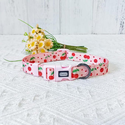 Dog Collar Leash Set, Fruit Pattern, Polyester Material, Adjustable Collar and 5ft Matching Leash, for Large Dogs.(L, Pink Cherry)