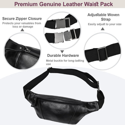 Yevabo Genuine Leather Waist Bag for Men Women, Fanny Pack with Multi-Pockets, Adjustable Strap for Travel, Hiking & Daily Use, Black