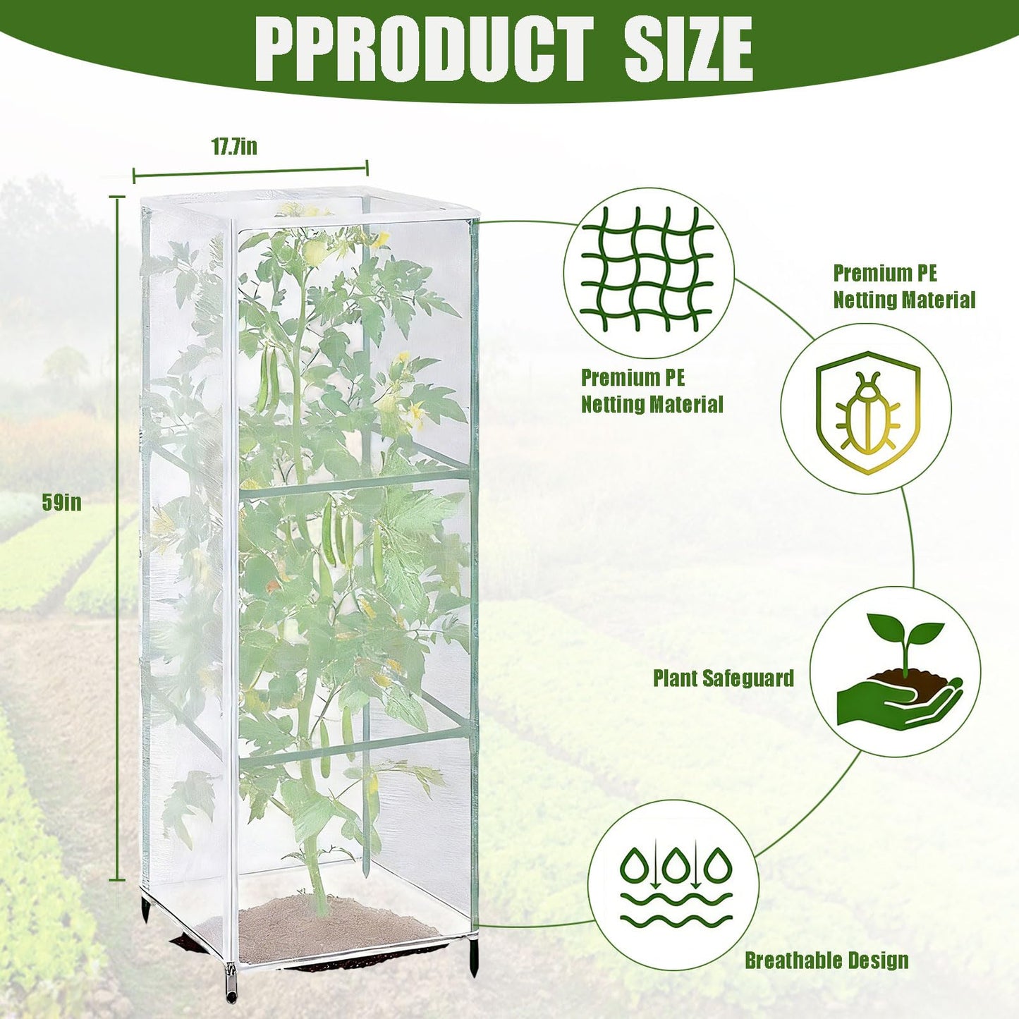 Ukontagood 8 Pack Garden Bird Netting Plant Cover for Square Tomato Cage, 59" x 17.7" Garden Netting Barrier Mesh with Drawstring Ultra Fine Plant Cover for Protecting Plants