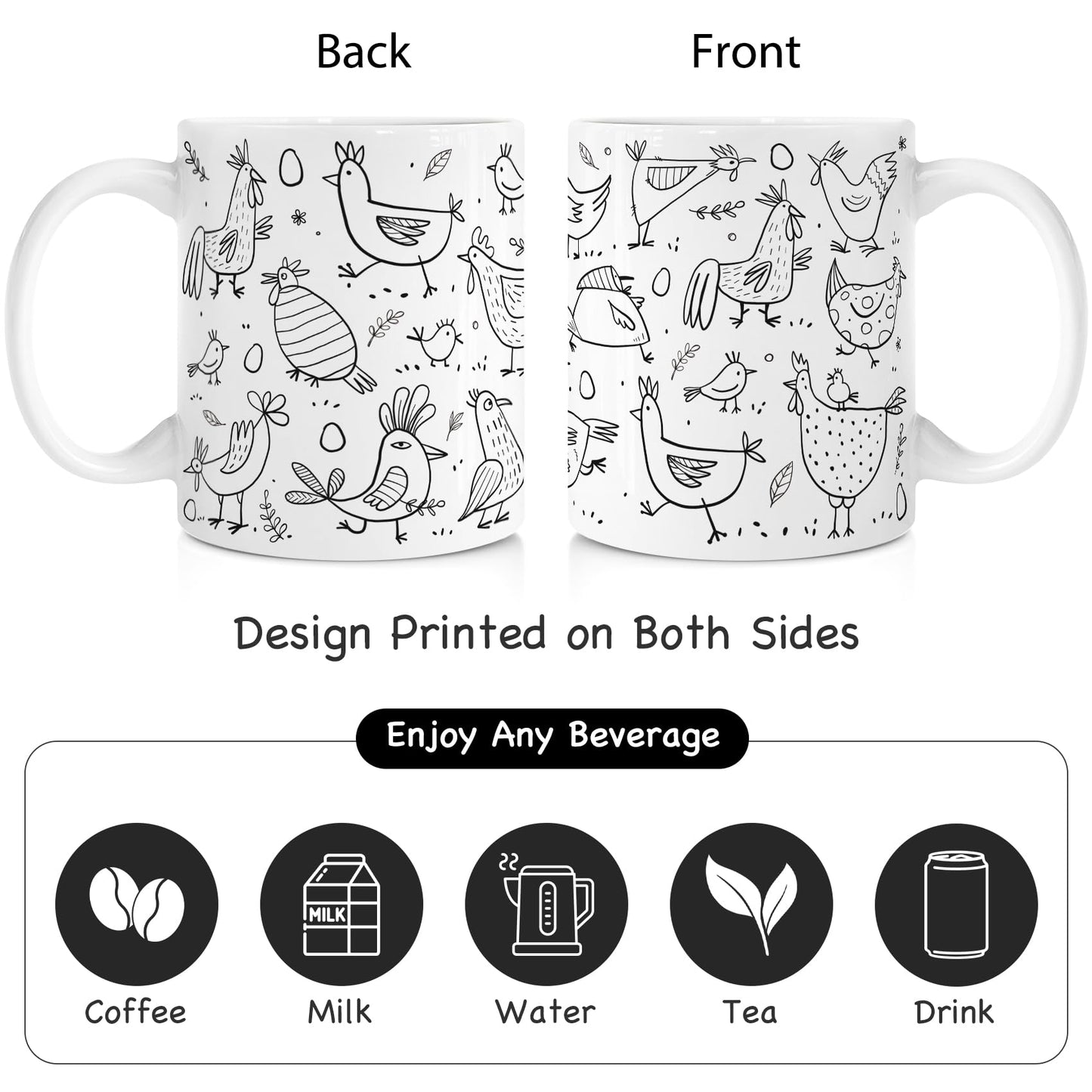 Funny Chicken Design Coffee Mug for Poultry Lovers - Farmhouse Ceramic Cup with Flock Illustration, Country Style Gift for Women & Men, Christmas Birthday Present-258