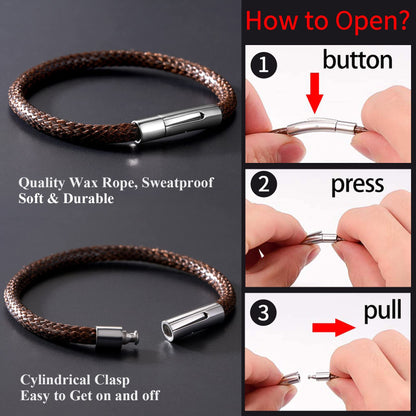 Brown Leather Bracelet for Women Waterproof Braided Wax Rope Chain Bangle 5mm 7.9 Inch Men Boyfriend Christmas Birthday