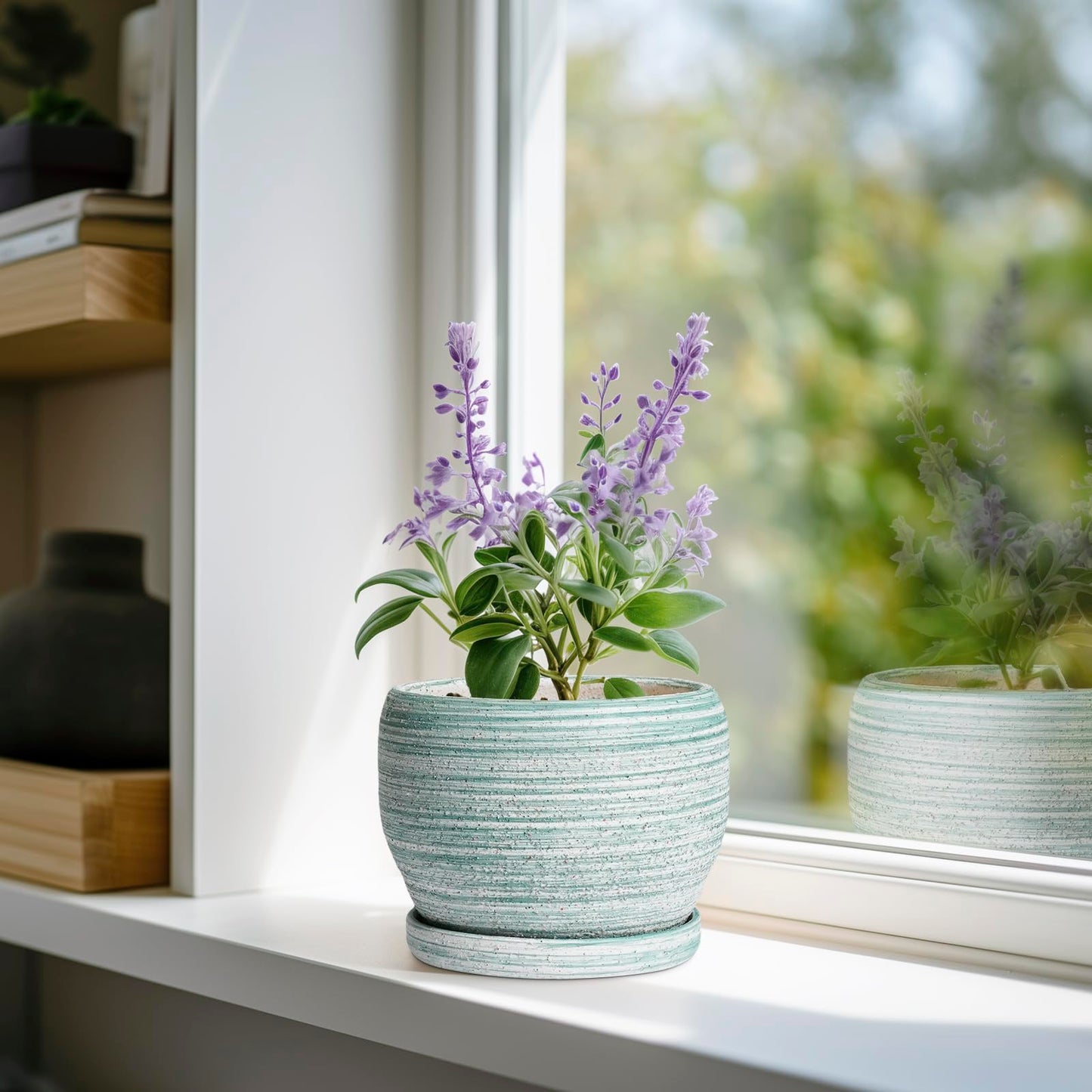 SQOWL Ceramic Plant Pots - 6 Inch Planter with Drainage Hole and Tray, Round Flower Pot for Indoor Plants, Decorative Succulent Planter Outdoor, Home House Decor, Gifts for Women Men, Green