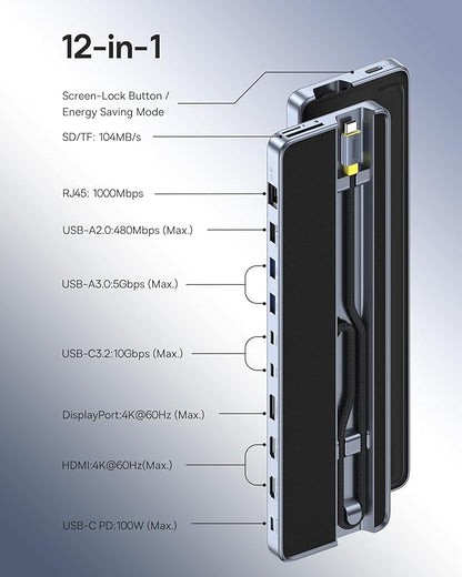 Baseus Laptop Docking Station Stand, 12 in 1 Triple 4K Display HDMI/DP, 10Gbps USB A/C Fast Data, PD 100W, Ethernet, TF/SD, USB C Docking Station with Stand for Windows/Dell/HP/Lenovo/Asus/Acer/Mac