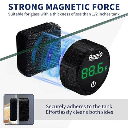 BEEJO 2 in 1 Aquarium Magnet Glass Cleaner with Touch Digital Thermometer ，Glass Fish Tanks Strong Magnetic Cleaning Brush，Aquarium Mini Algae Scraper (Black)