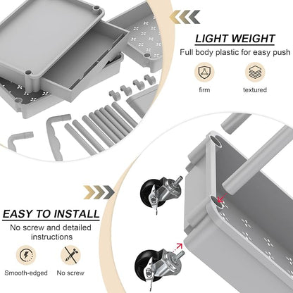Goovilla 3 Tier Rolling Utility Cart Organizer with Removable Drawer, Stable and Sturdy Grey Rolling Storage Carts with 2 Lockable Wheels for Bathroom, Kitchen, Snack, Craft, Makeup, Baby Essentials