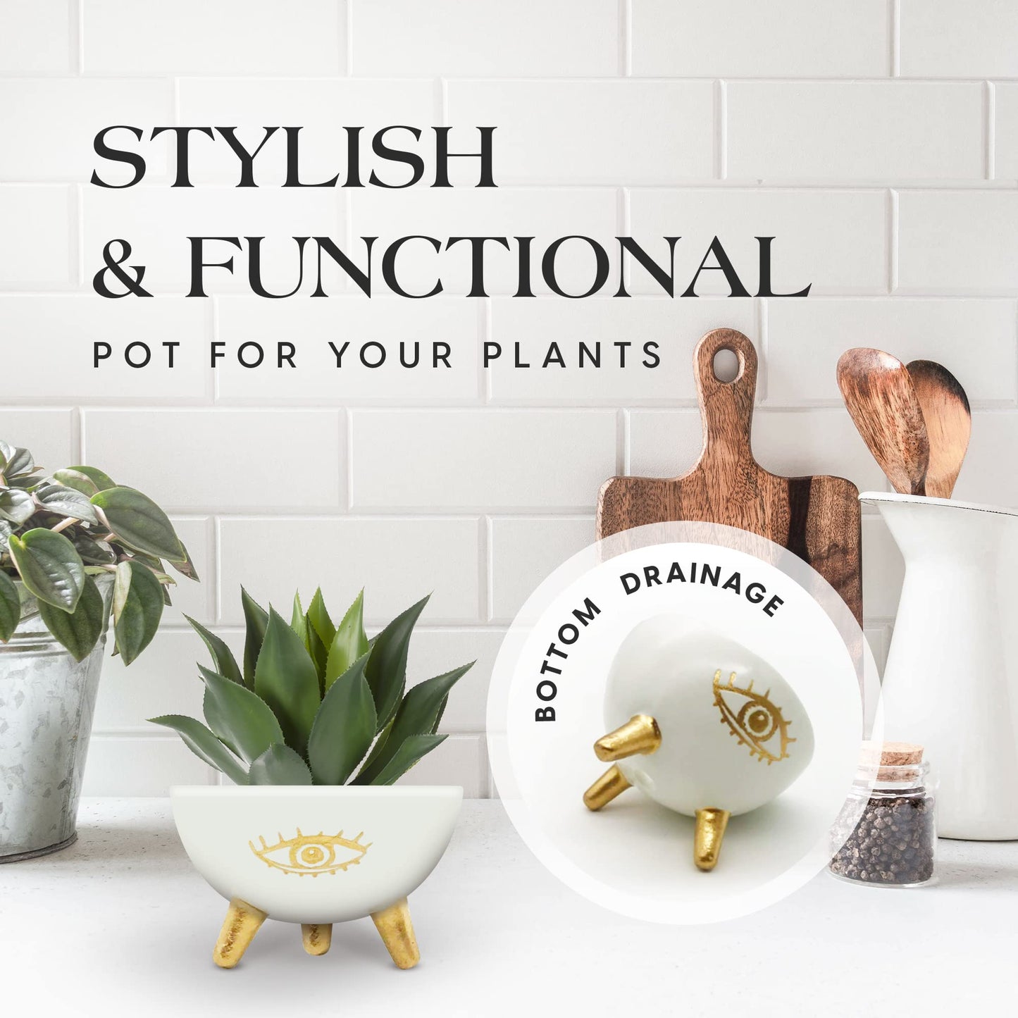 SLS SUPPLY FLORA - Gold Evil Eye Ring Bowl, Modern Table Top Planter and Ceramic Jewelry Dish, Small Decorative Bowl, Chic Table Key Holder for Coins and Other Trinkets