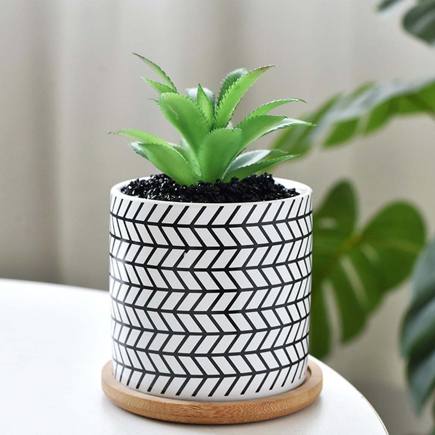 Succulent Pots, 3.5 Inch Small Succulent Planters with Drainage for Plants Live, Hand-Painted Ceramic Pot Flower Pots Bonsai Pots with Bamboo Tray, Unique Gifts for Women/Men, 4 Pack (Geometry-2)
