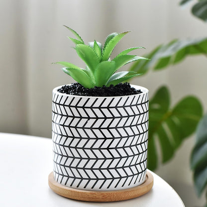 Succulent Pots, 3.5 Inch Small Succulent Planters with Drainage for Plants Live, Hand-Painted Ceramic Pot Flower Pots Bonsai Pots with Bamboo Tray, Unique Gifts for Women/Men, 4 Pack (Geometry-2)