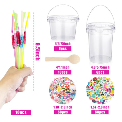 MOLDTAS 12 Pcs 1L 32oz Plastic Cocktail Buckets 750ml Ice Cream Buckets with Disposable Spoons and Straws Summer Theme Stickers for Summer Pool Party Beach Party Supplies