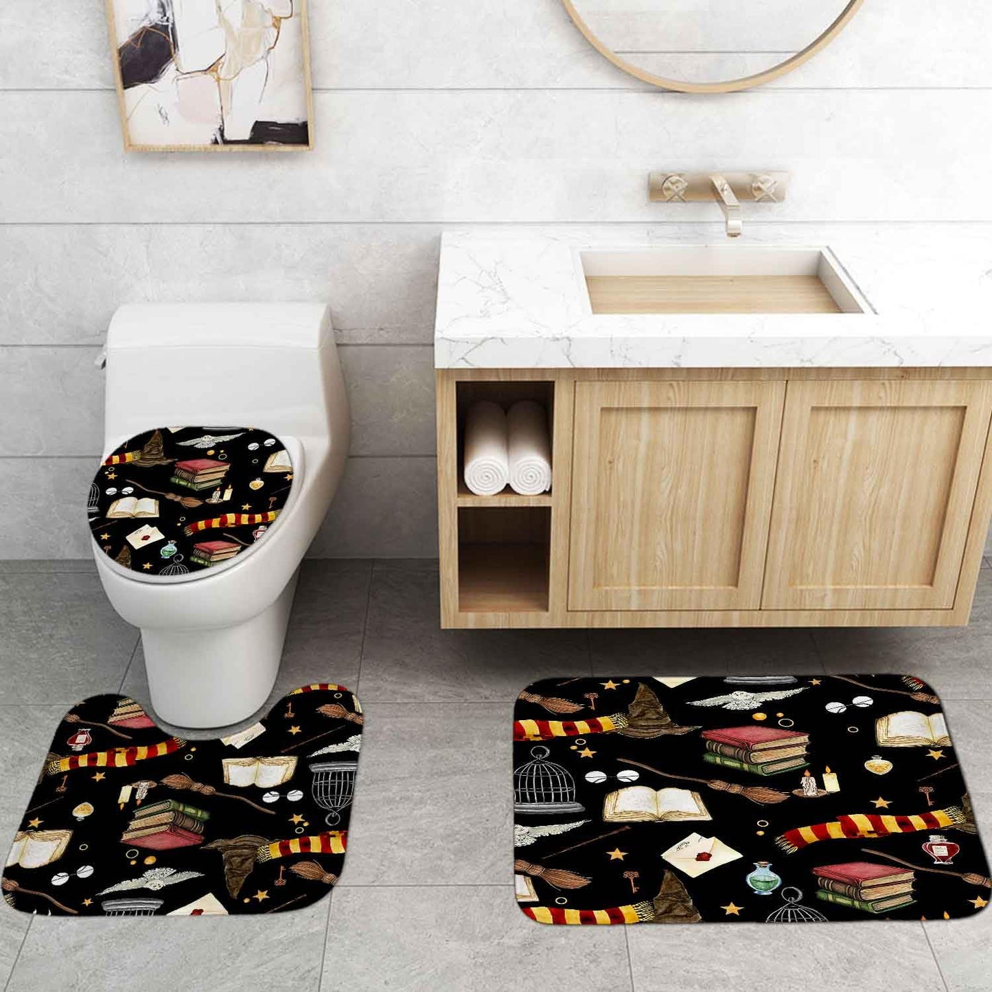 OLEBETY 4PCS Witchy Magical Halloween Shower Curtain Sets With Rugs, Waterproof Fabric Black Shower Curtain, Funny Magic Book Wizard Hat Owl Broom Mysterious Spooky Teen Boys Girls Kids Bathroom Decor