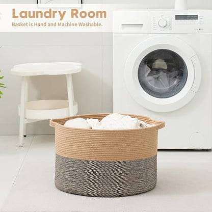 Foldable Laundry Hamper Basket with Collapsible Handle Cotton Rope Soft Woven Fabric Storage Organizer Clothes Toys Nursery Bedroom Dorm Space Saving Bin (Camel & Mix Camel, 65L(19.7"D x 12.6"H))