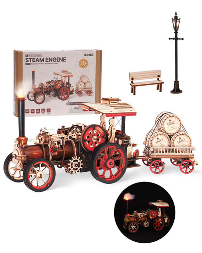 ROKR 3D Puzzle for Adults 469pcs Electric Vintage Car Steam Engine Model Kits, Mechanical Wooden Assembly Puzzles Vehicle DIY Hobbies Christmas Gifts for Men Women