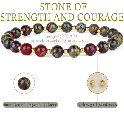 QOGIR Dragon Bloodstone - Strength and Courage - 14K Gold Plated Beads Natural Gemstone Stretch Elastic Dainty Healing Beaded Bracelets Gifts 6mm