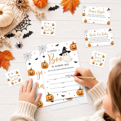 Halloween Baby Shower Invitations, A Little Boo Is Almost Due Ghost Pumpkin Baby Shower Invites, 25 Invitation with Envelopes, Book Request Cards, Diaper Raffle Tickets and Round Stickers -W03