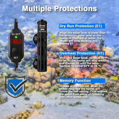 Aquarium Heater 50W, Submersible Fish Tank Heater with LED Digital Display, Auto Power-Off When Leaving Water & High Temp Protection, for Fresh and Salt Water Tanks 5-10 Gal