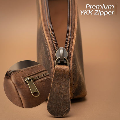 WANDERINGS Vintage Leather Pencil Pouch Case – 7" Round – Hand Crafted Functional Brown Leather Zipper Pouch – Round Pencil Case Holder for Men and Women – Travel Makeup, Jewelry, and Purse Bag