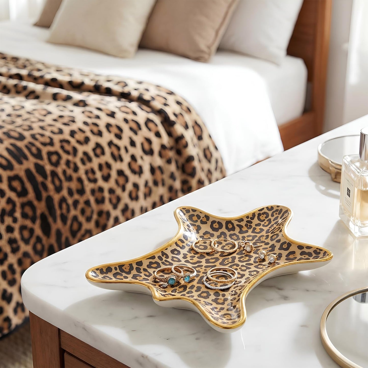 Bokon Leopard Jewelry Tray Trinket Plate 6.3 x 4.7 Inch Ceramic Cheetah Print Rings Case Dish Animal Jewelry Organizer for Room Decor Women Birthday Mothers Gift