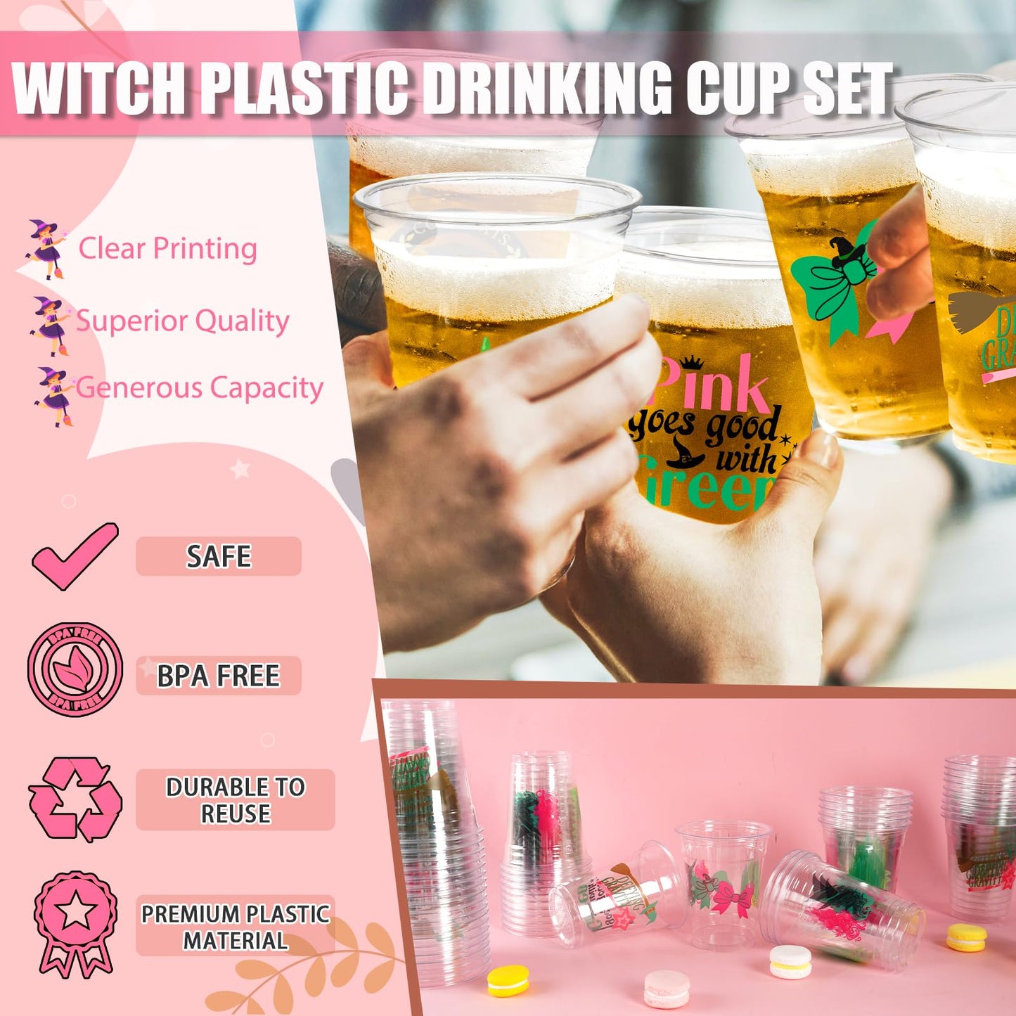 Witch Theme Party Decoration Plastic Cups, 50pcs 12 Oz Plastic Clear Disposable Drinking Cups for Witch Movie Birthday Wedding Summer Tropical Shower Party Supplies Favors Women Men Snack Cup Bulk